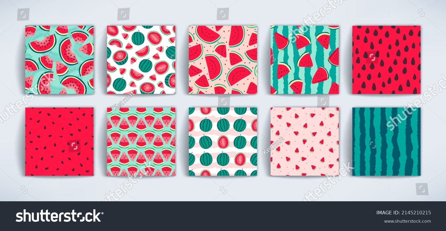 Vector watermelons hand drawn seamless patterns set. Cute summer fresh fruits print. Watermelon red slices, half sliced and whole watermelons repeat textures collection for fabric design, background. #2145210215