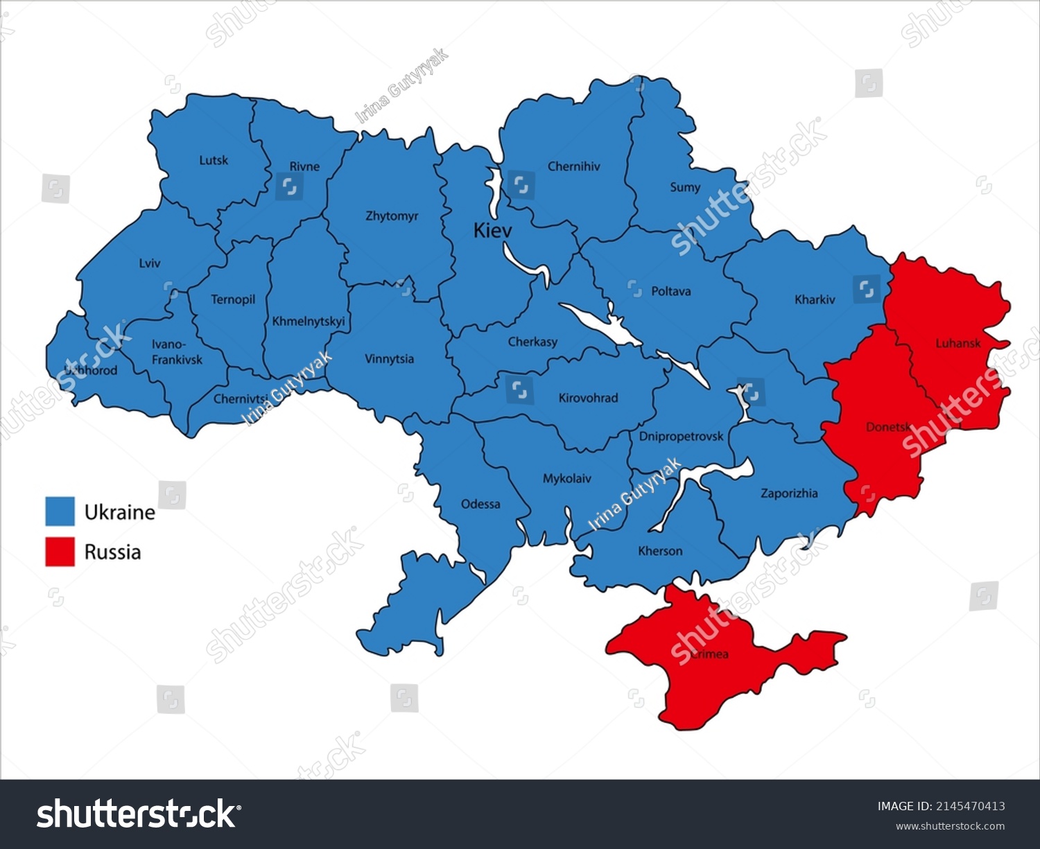 map of Ukraine and separated regions of Donetsk, Luhansk and Crimea #2145470413