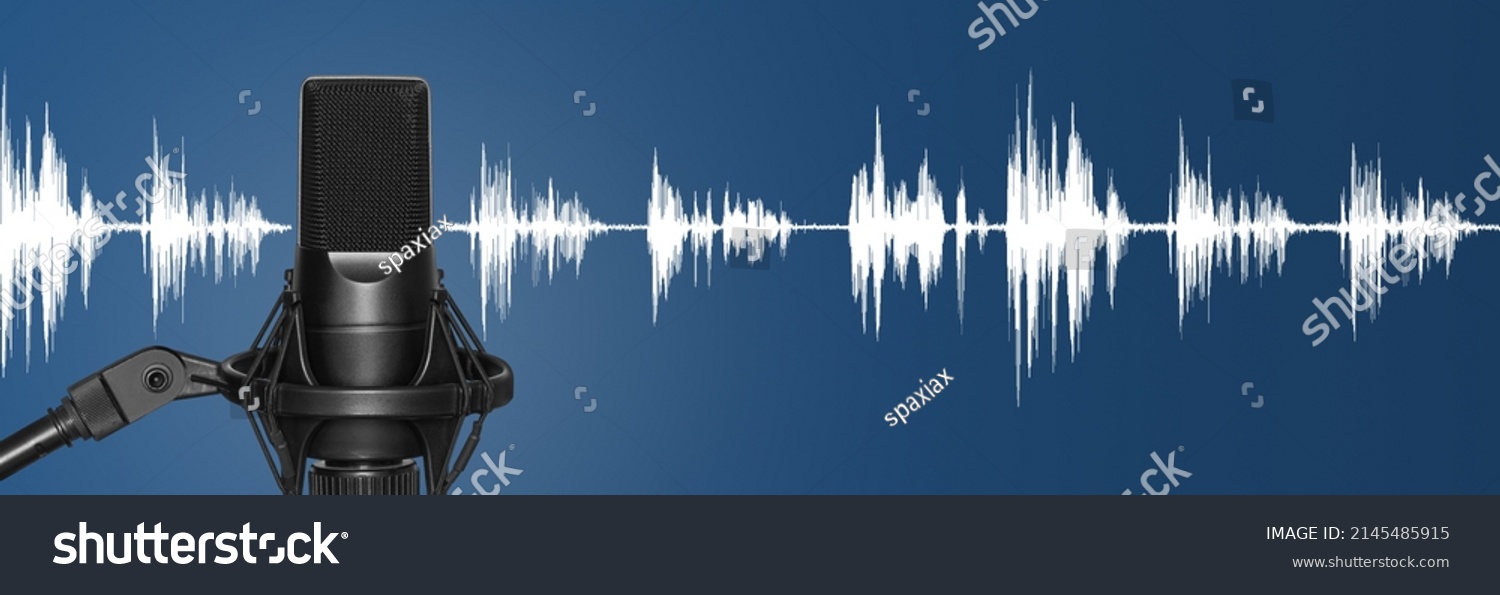 Modern studio microphone with audio waveform over blue background. Radio broadcast or podcast banner #2145485915