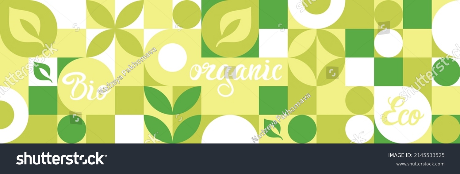 Bio label for ecological social projects, seamless pattern for green flowers eco packaging. Banner in natural style, mosaic of geometric white shapes. #2145533525