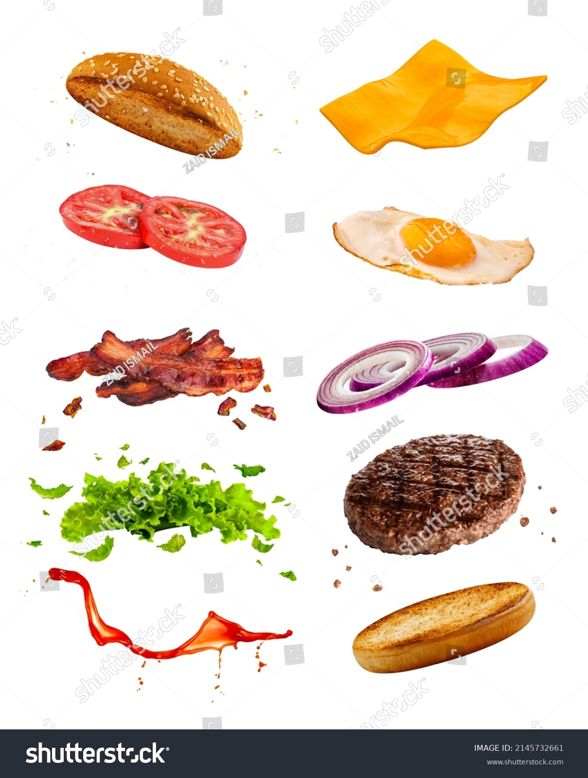delicious burger with floating ingredients separated on white isolated background. cafe and restaurant advertisement #2145732661