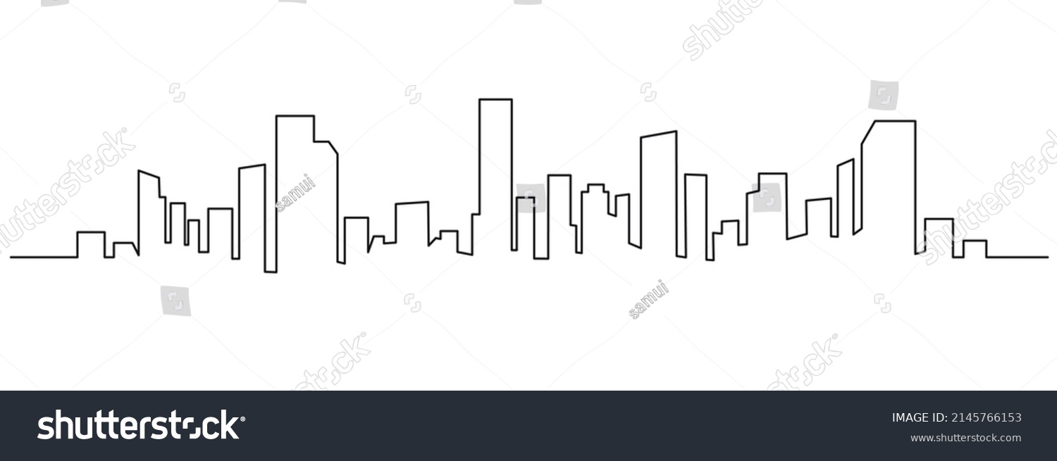 Modern cityscape continuous one line vector drawing. Metropolis architecture panoramic landscape. New York skyscrapers hand drawn silhouette. Apartment buildings isolated minimalistic illustration #2145766153
