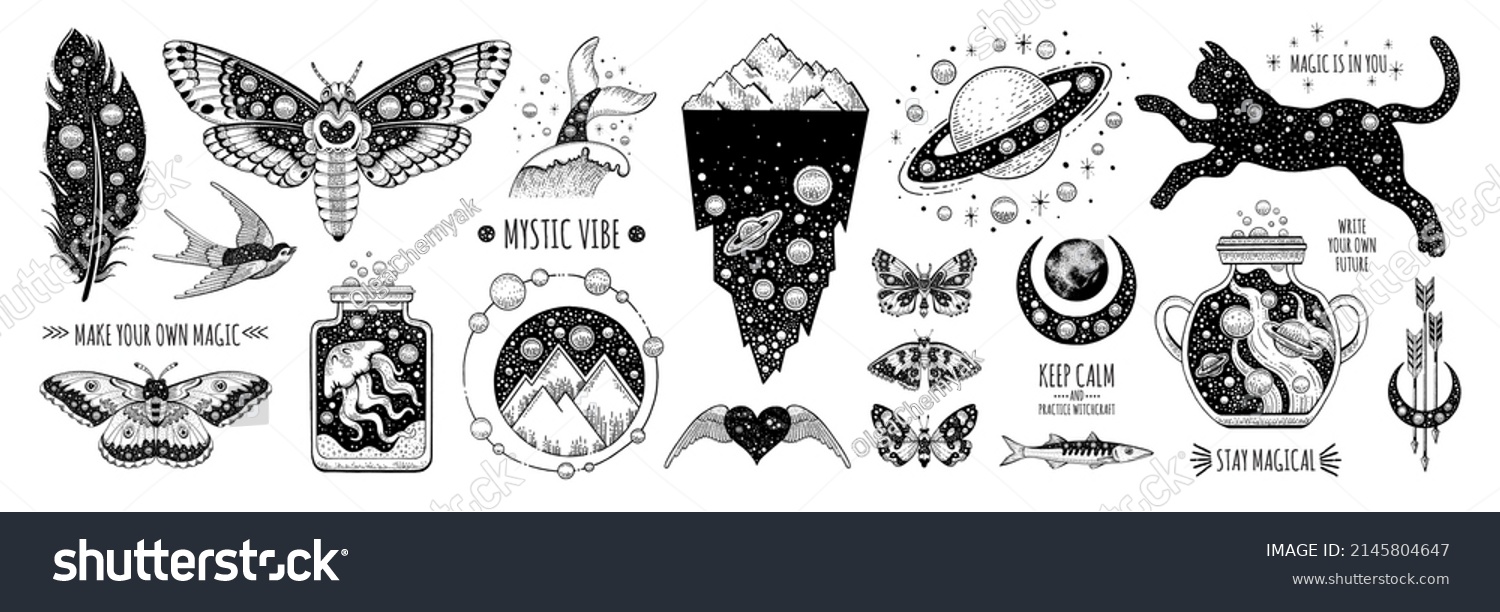 Tattoo art. Vector surreal astrology. Universe space tattoo print. Magic witch astronomy graphic with moon, star, moth, cat, saturn. Sketch boho mystic illustration. Vintage witch esoteric surreal art #2145804647