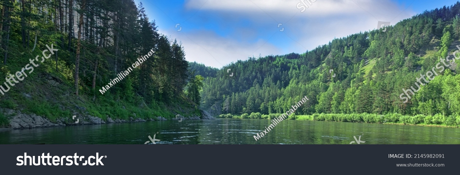 Geography, potamology. Middle Siberia (south part). Panorama of powerful copious river and taiga forests. Typical coniform hill oreography (bald peak). - absence of people and virginal natural area #2145982091