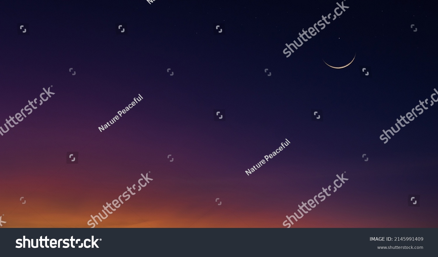 Crescent moon on dusk sky Twilight background, religion of Islamic and well editing text Ramadan, Eid Al Fitr, Eid Al Adha  #2145991409