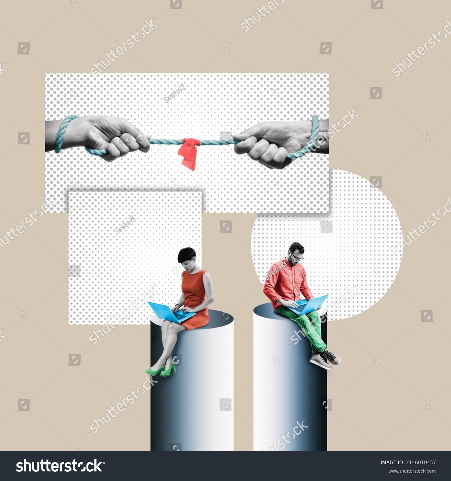 Competition between a man and a woman, gender equality. Art collage. #2146010457