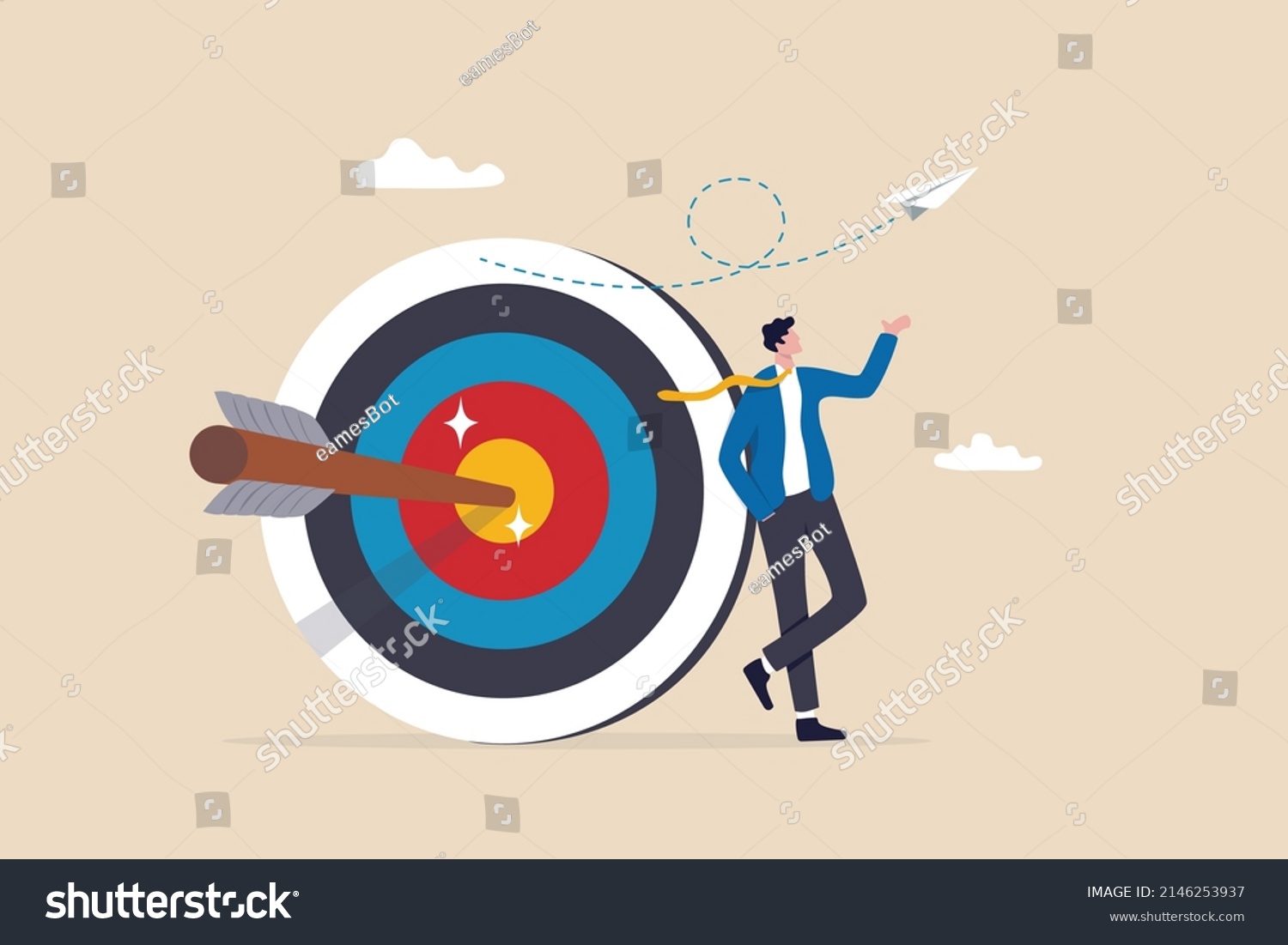 Business objective, purpose or target, goal and resolution to aim for success, aspiration and motivation to achieve goal concept, confident businessman stand with arrow hit bullseye on archery target. #2146253937