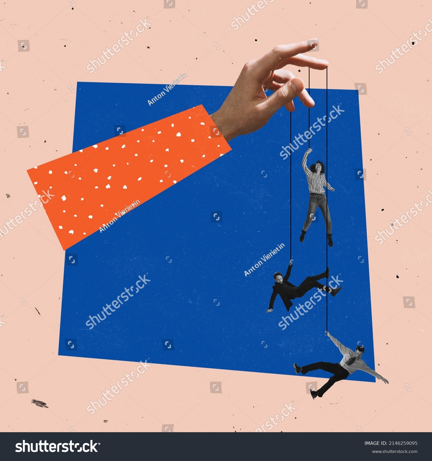 Contemporary art collage. Hand holding strings attached to business people, employees. Concept of manipulation, control, freedom, position, career, business. Copy space for ad #2146259095