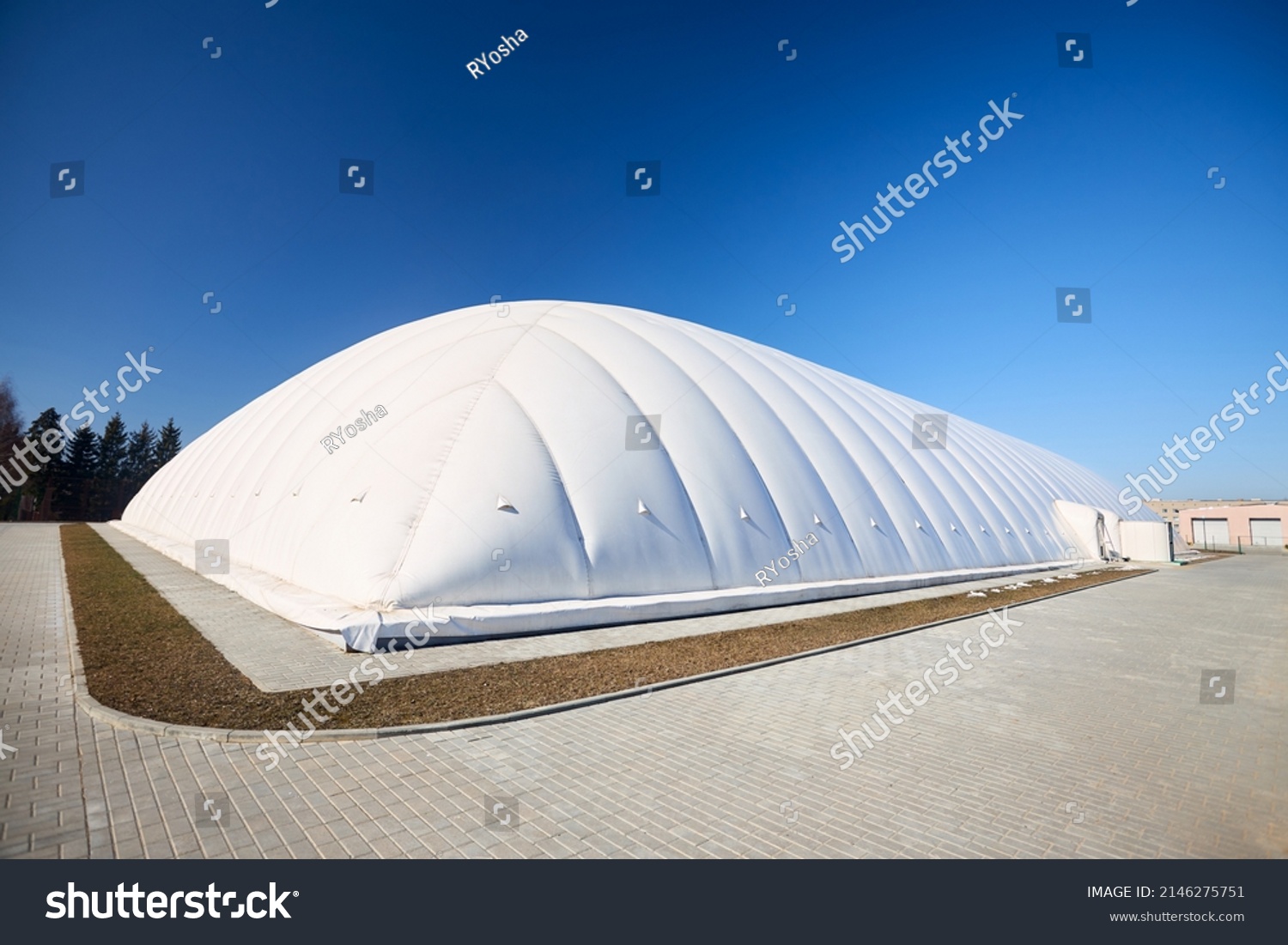 Inflatable air dome stadium. Inflated Tennis air dome or Tennis bubble arena. Modern urban architecture example as pneumatic stadium dome. #2146275751