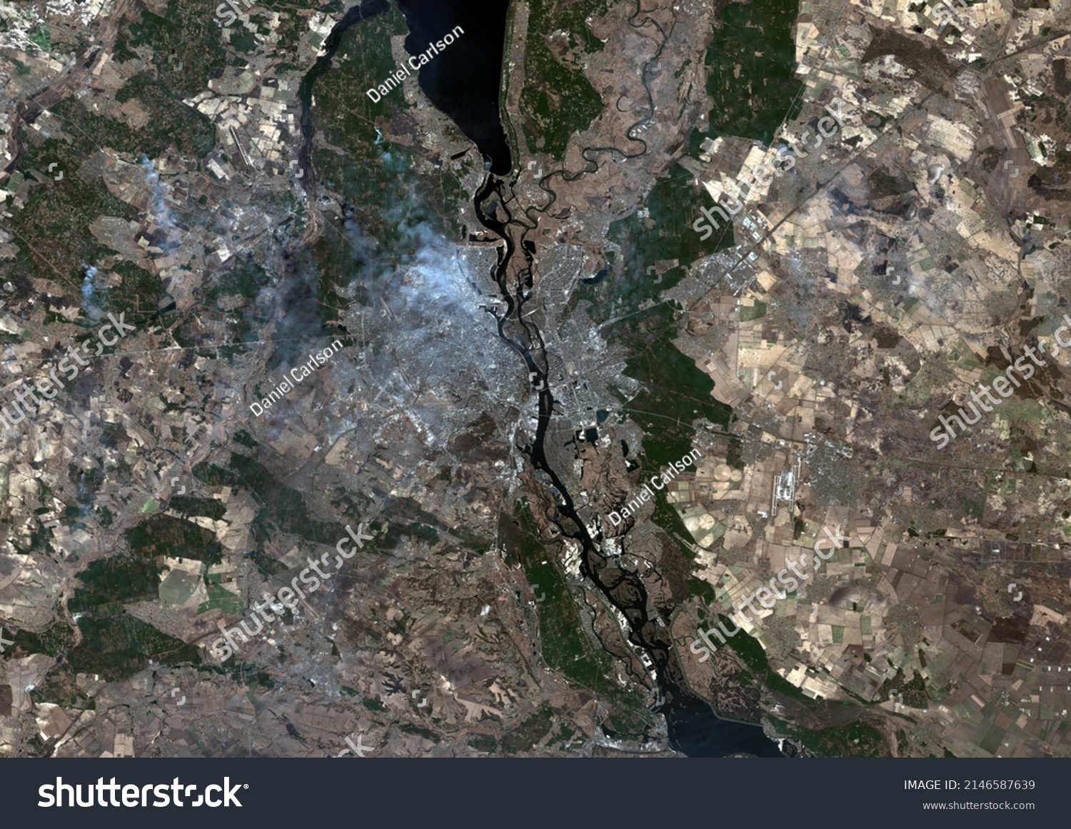 A satellite map of Kiev, Ukraine and surroundings on 23 March 2022 shows smoke rising from several fires #2146587639