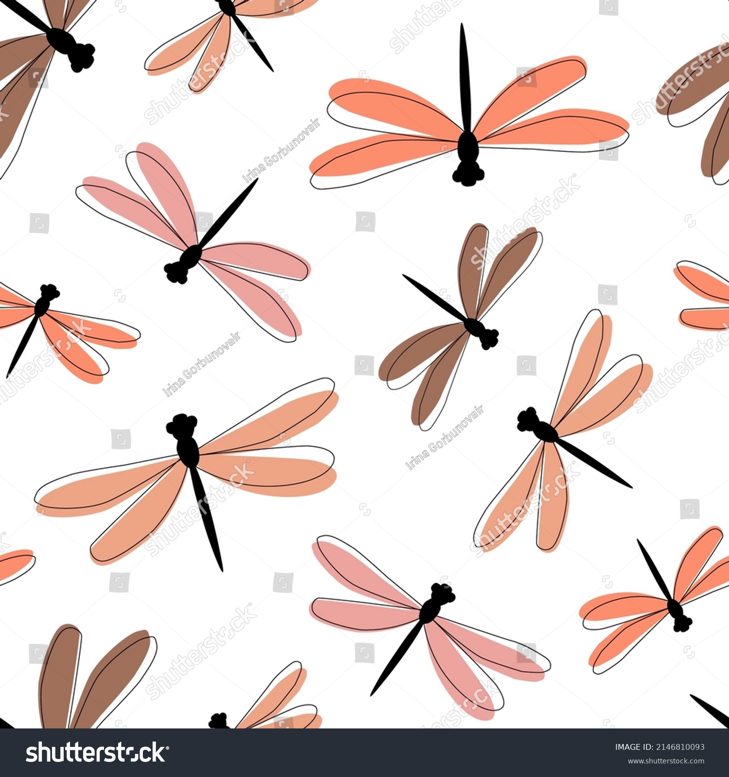 Seamless pattern with summer abstract ornament. Simple minimalistic print with dragonfly insects. Vector graphics. #2146810093