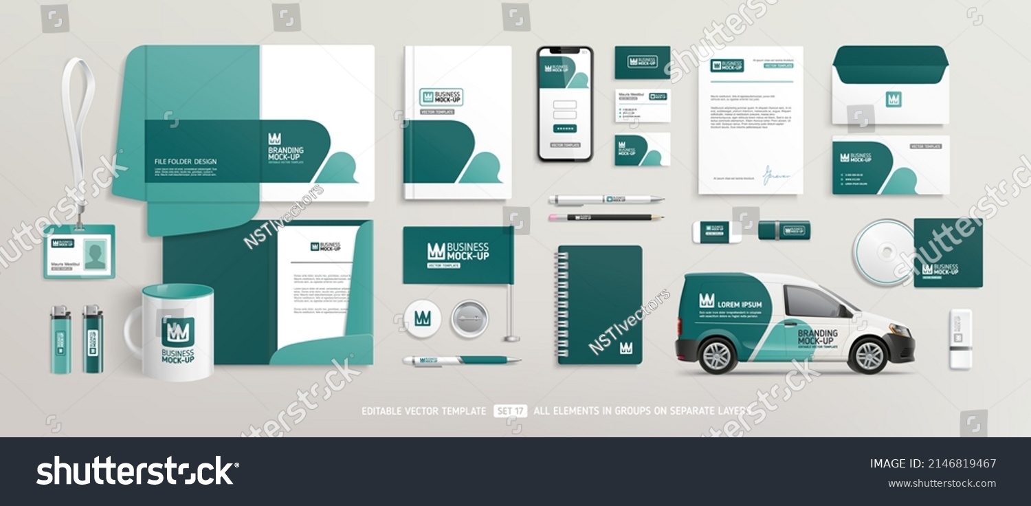 Brand Identity Mock-Up of stationery set with green and white abstract geometric design. Business office stationary mockup template of File folder, annual report, van car, brochure, corporate mug #2146819467