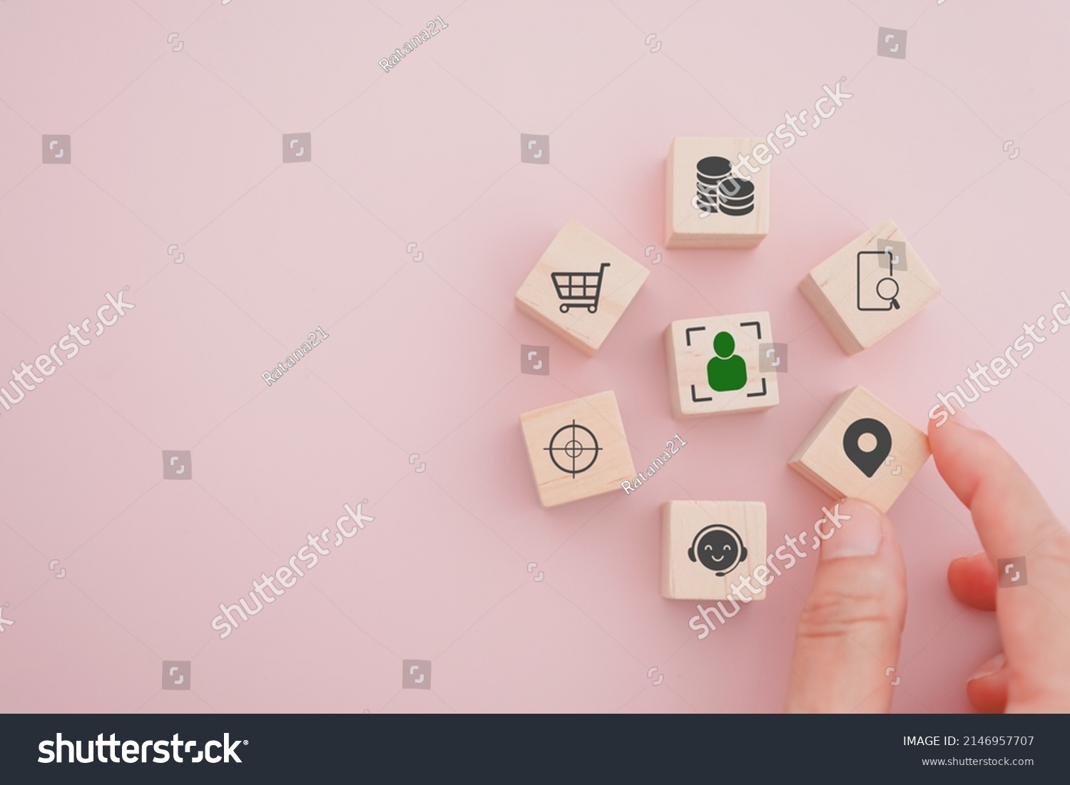 senior businessman's hand hold check in icon on wooden cube block people inside crop in middle for buyer persona and target customer concept, buyer or customer psychology profile or characteristics #2146957707
