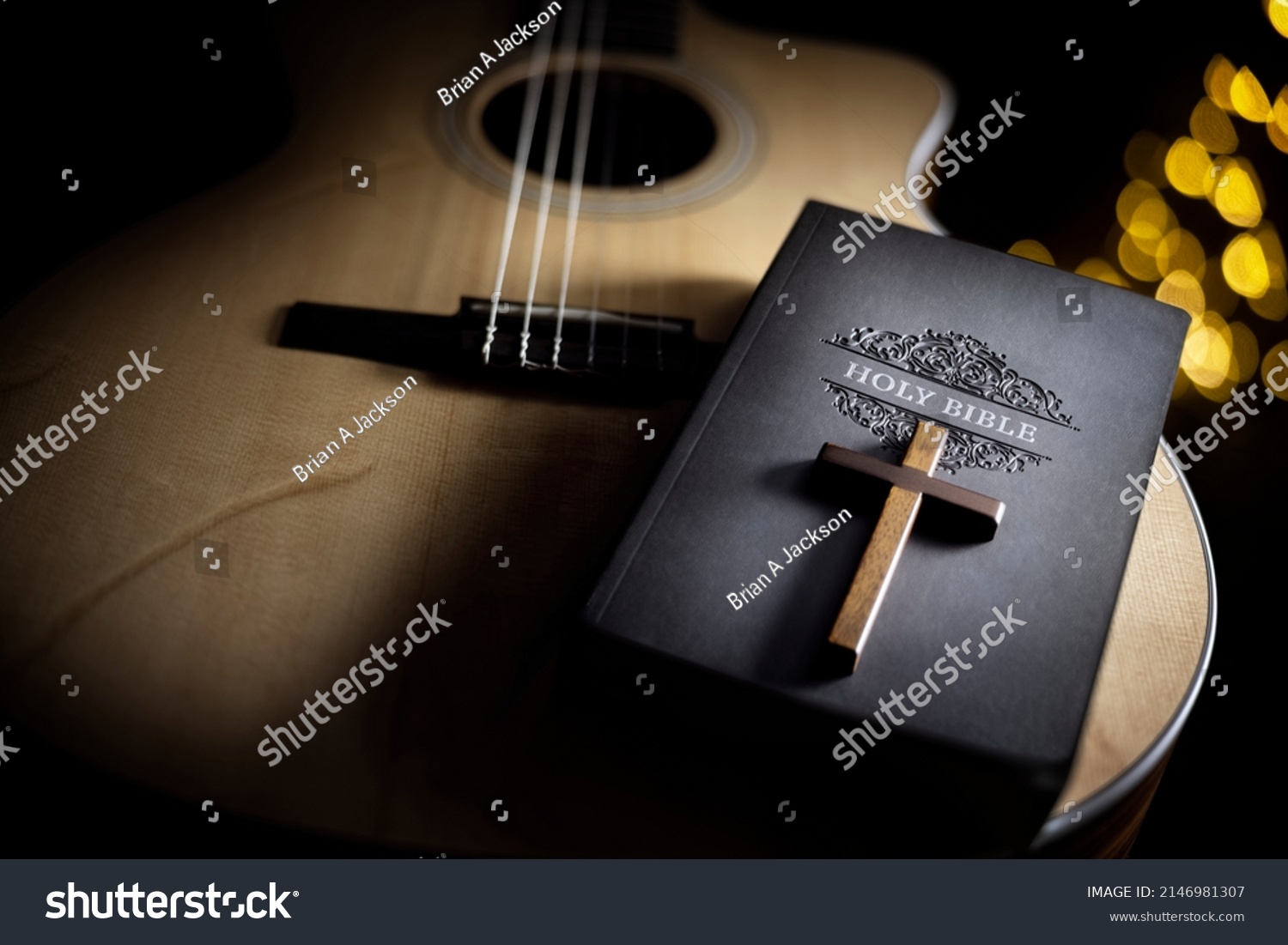 Holy Bible with acoustic guitar and religious crucifix cross, gospel music concept #2146981307