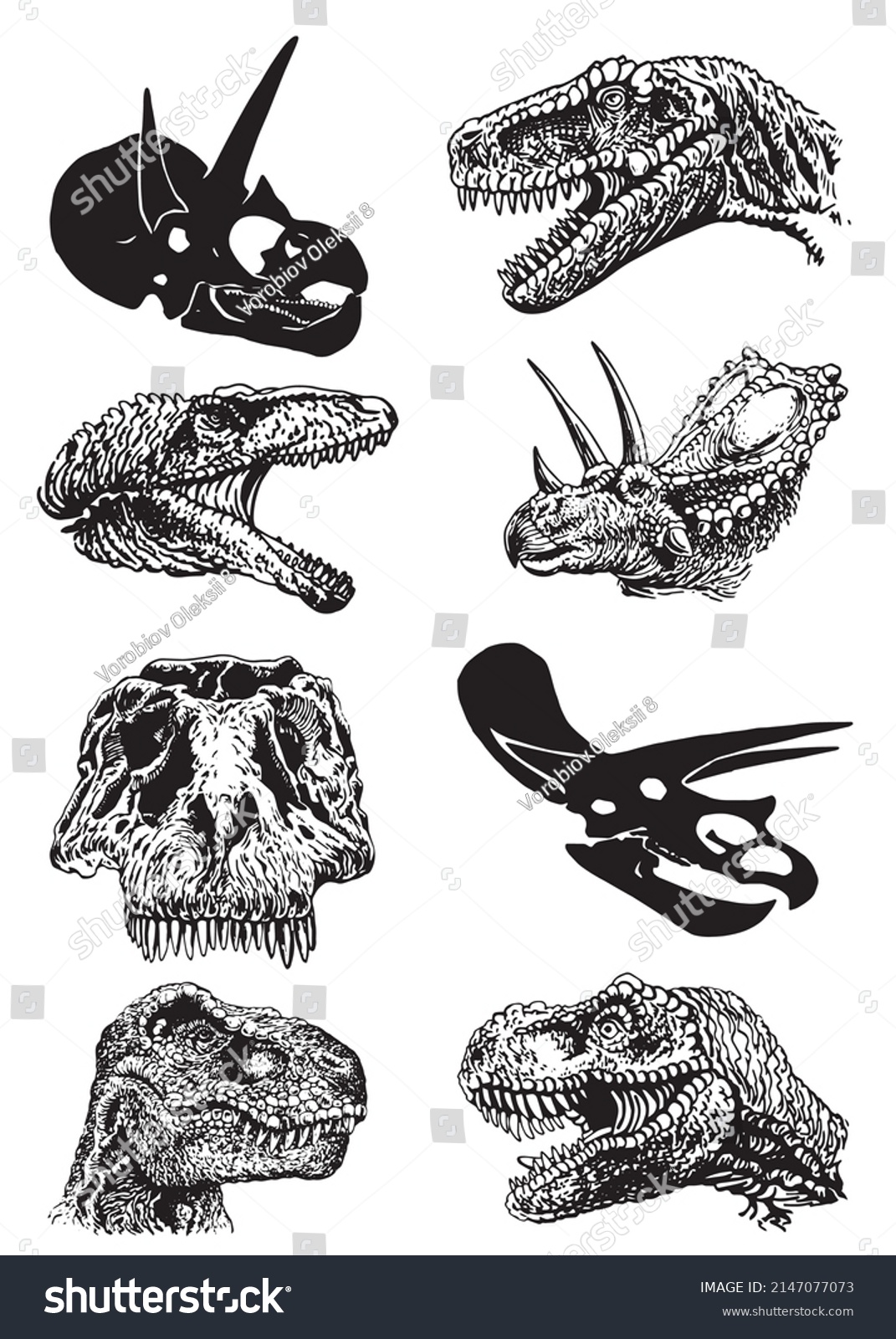 Graphical set of dinosaurs heads isolated on - Royalty Free Stock ...