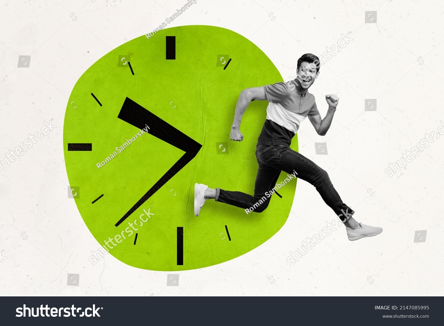 Creative picture of sportive energetic person black white filter run hurry isolated on drawing clock background #2147085995