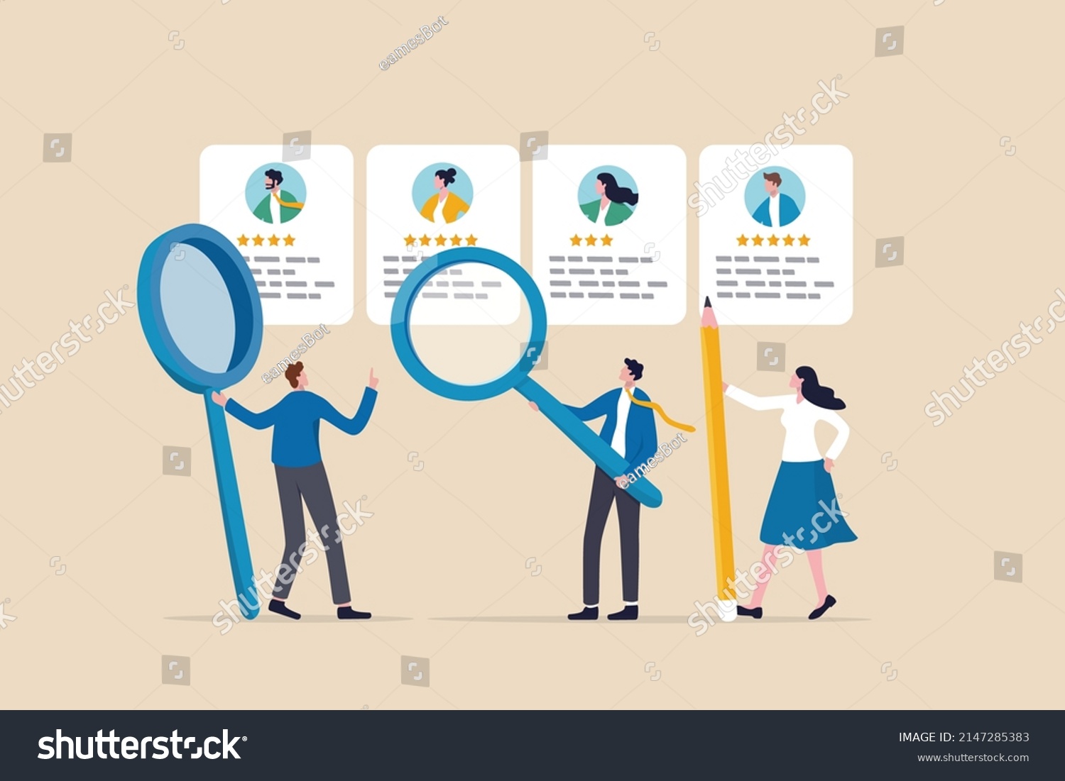 Recruitment hiring process to choose candidate to fit job position, HR Human Resources recruiting people fill in vacancy concept, business people HR with magnifier to choose choose candidate resume. #2147285383