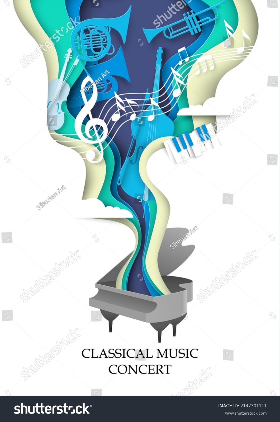 Classical music concert paper cut vector poster. Piano art design with different musical instrument and melody notes. Orchestra festival, acoustic or opera performance #2147301111
