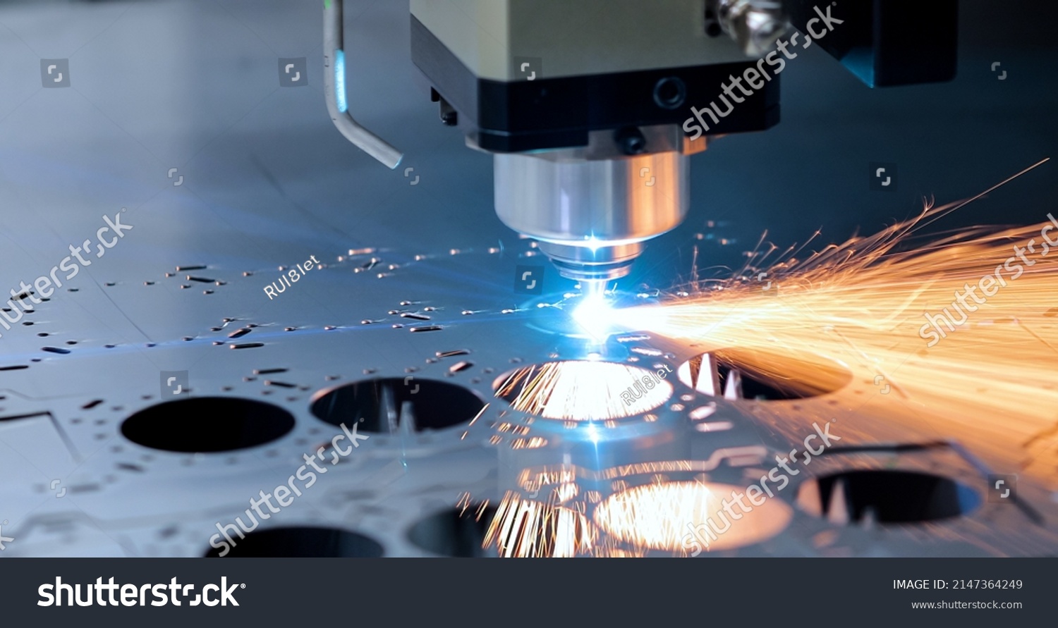 Cnc milling machine. Processing and laser cutting for metal in the industrial. Motion blur. Industrial exhibition of machine tools. #2147364249