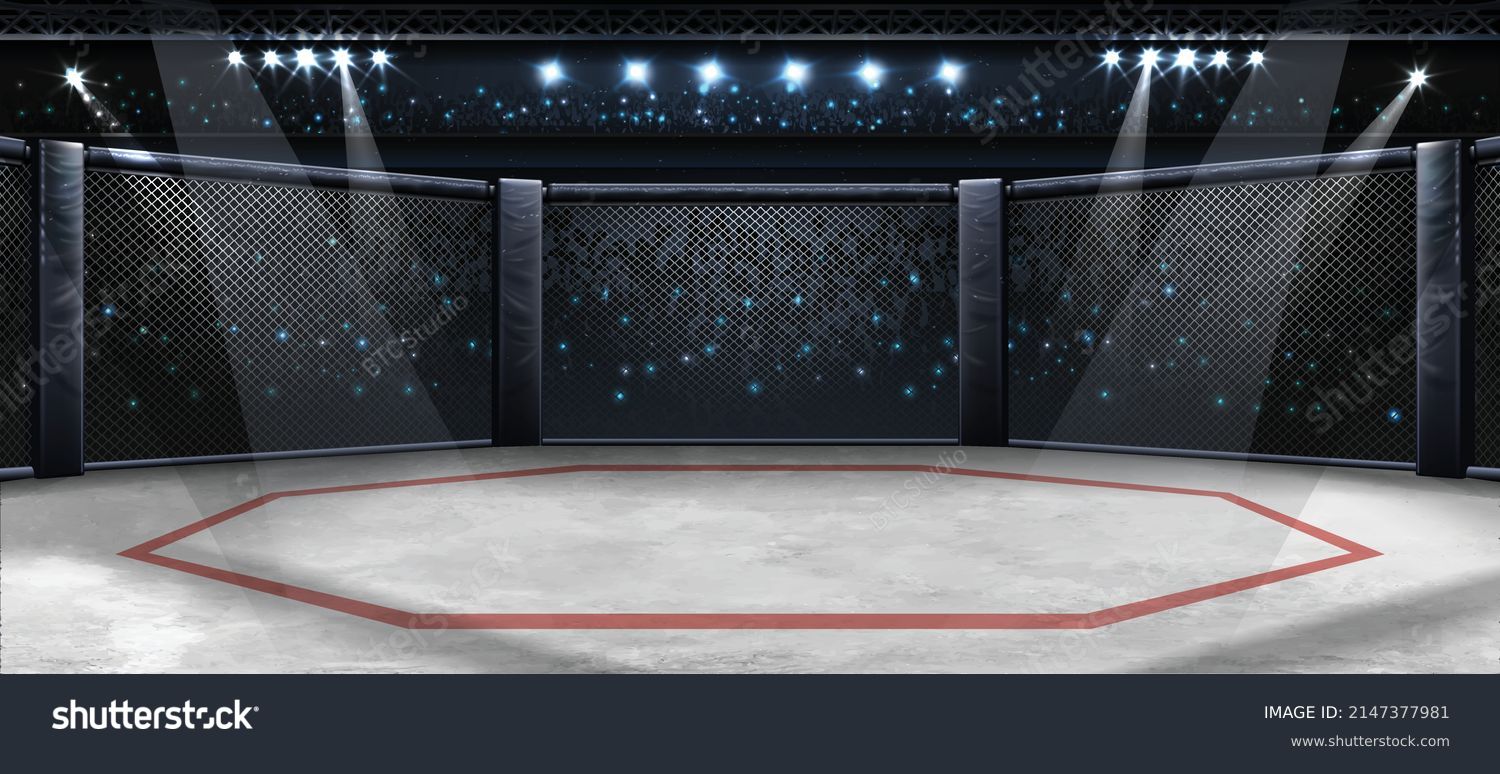 MMA cage night. Fighting Championship. Fight night. 3D render MMA arena. View of the arena by spotlights. Full tribune. Sport #2147377981