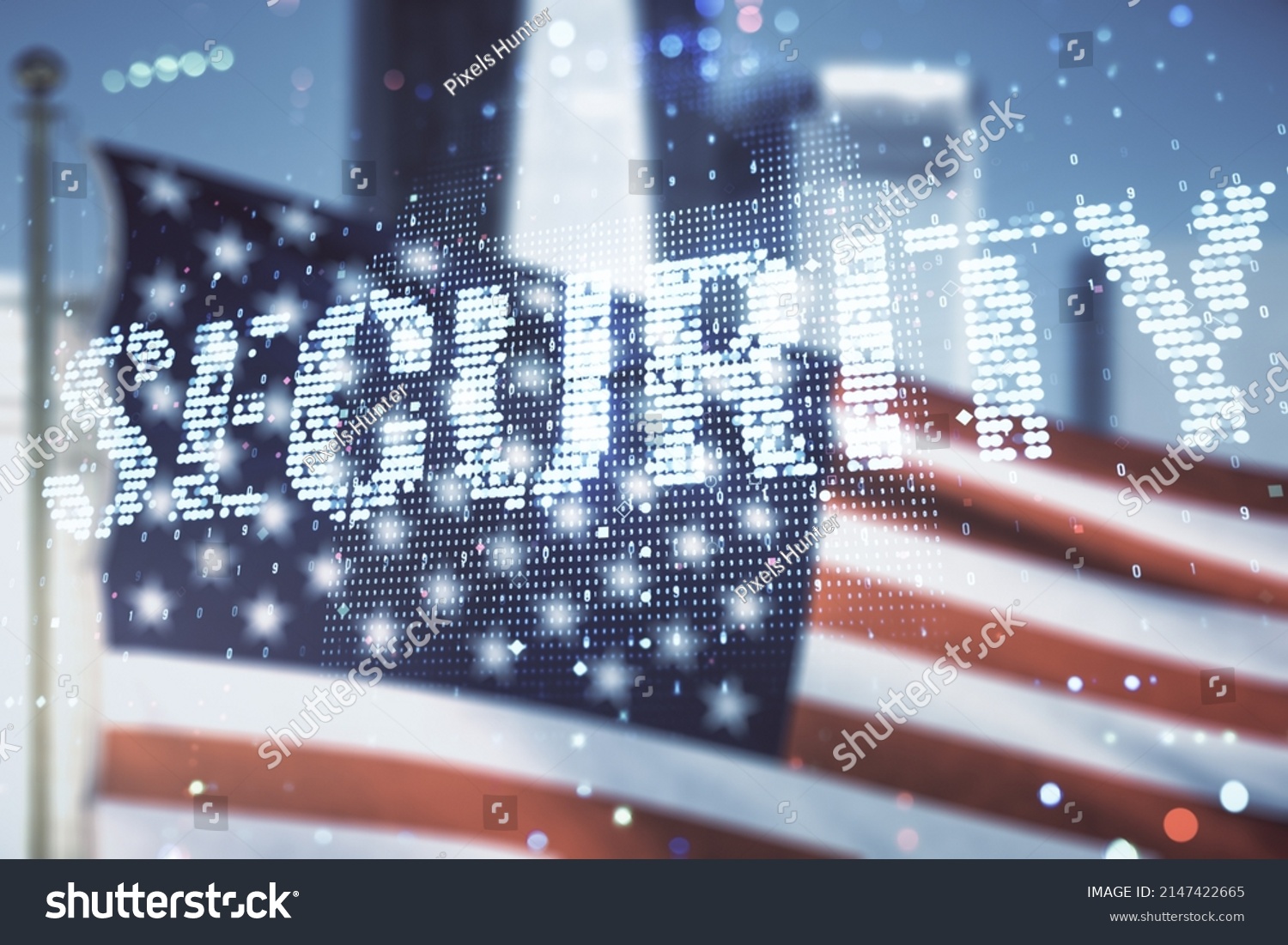 Virtual cyber security creative concept on US flag and city background. Double exposure #2147422665
