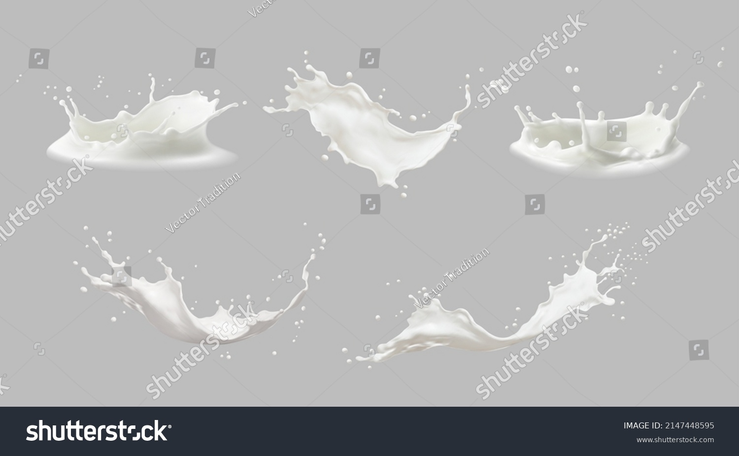 Realistic milk splashes or wave with drops and splatters. Liquid swirls and drips in shape of crown, liquid flow streams. Milky or dairy fresh product realistic 3d elements isolated set #2147448595