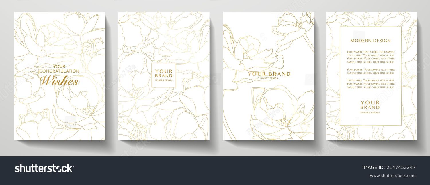 Romantic spring cover and frame page design set. Gold tulip flower bouquet with line pattern on white. Golden summer vector background for elegant wedding invitation, menu, sale, holiday spring poster #2147452247