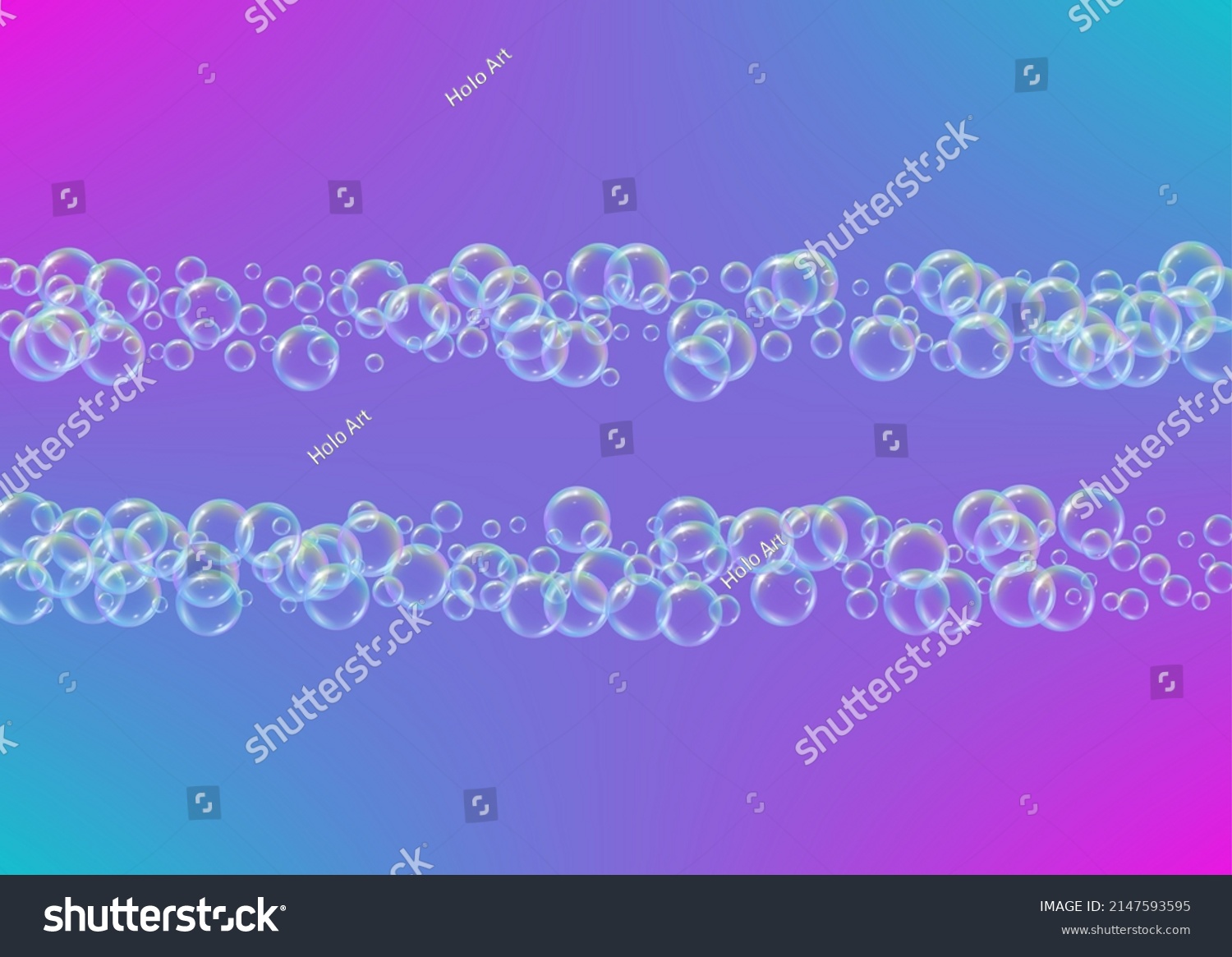 Foam party background with shampoo and soap suds bubbles. Vibrant spray and splash. Realistic water frame and border. 3d vector illustration template. Purple colorful liquid foam party. #2147593595
