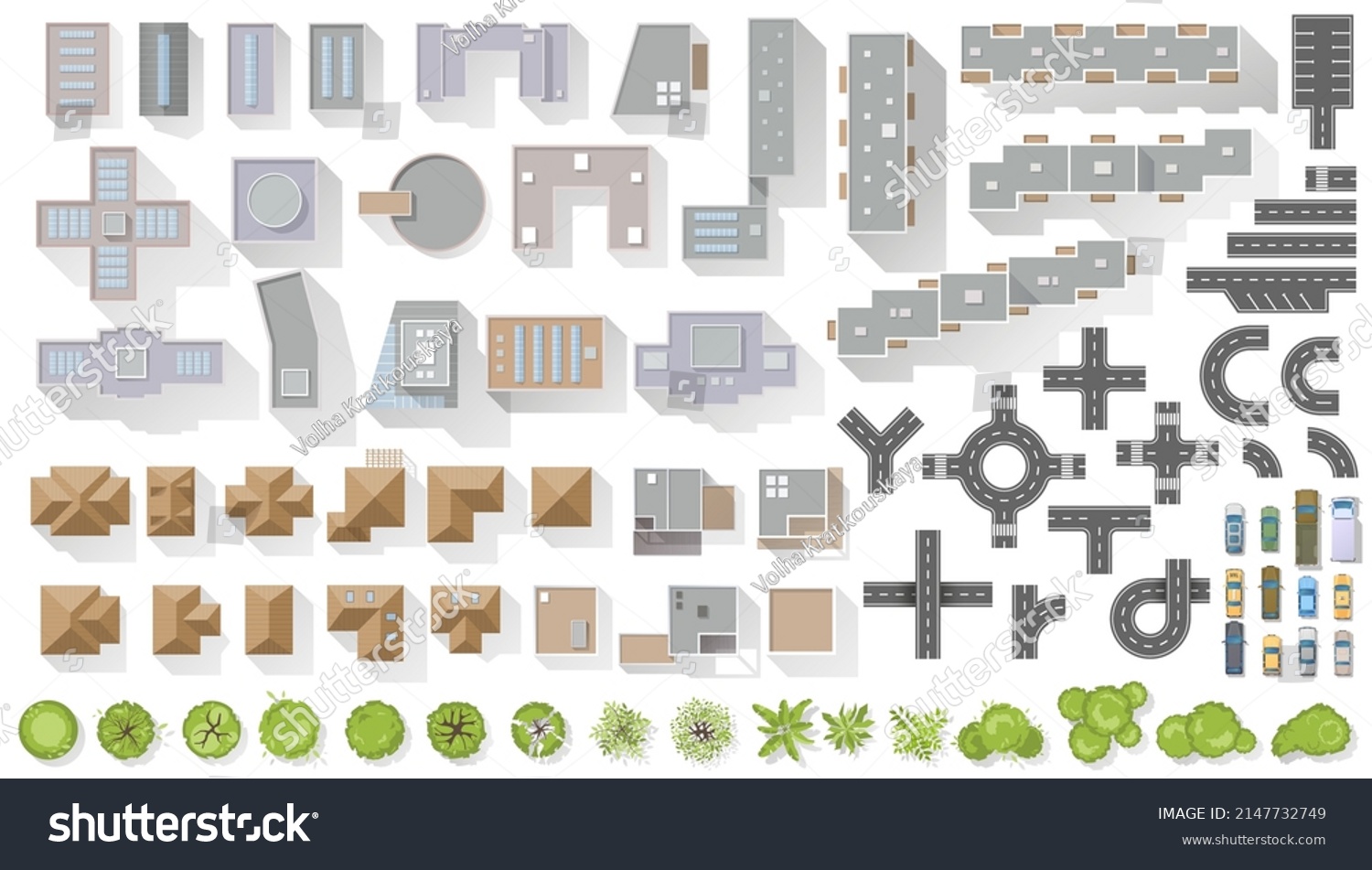 Set of elements top view for landscape design. Buildings and trees for map of City. Collection, kit of Objects. House, factory, skyscraper, hotel, manufacturing. Isolated Vector element from above #2147732749