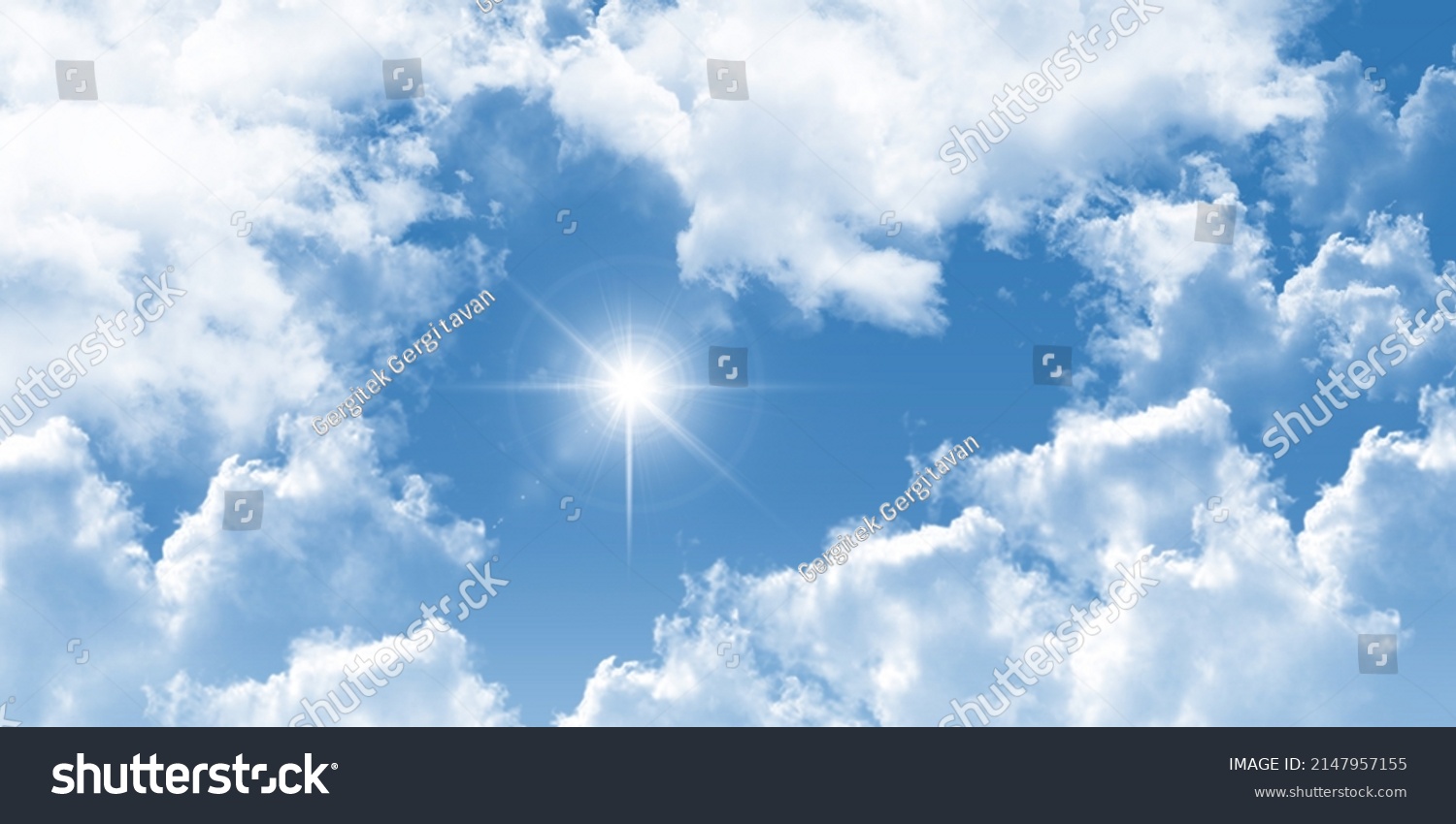 The sun shining through the puffy clouds. 3d stretch ceiling decoration image. Sky bottom up view. Beautiful sunny sky. #2147957155