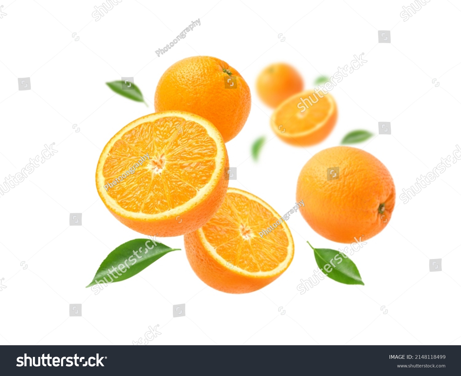 Orange with cut in half and leaves levitate isolated on white background. #2148118499