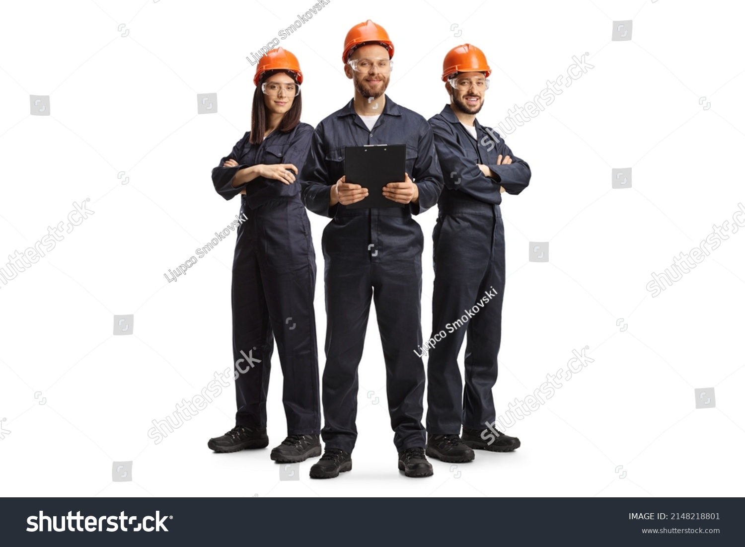 Factory workers in uniforms wearing helmets and goggles isolated on white background #2148218801