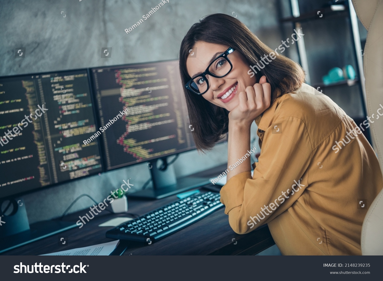 Profile side photo of young cheerful woman workplace designer expert sit table eyewear website indoors #2148239235