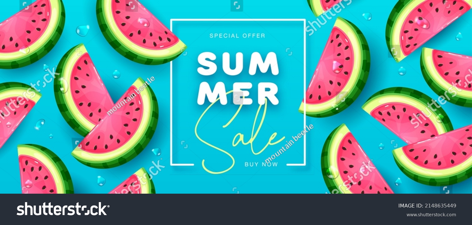Summer sale poster with slices of watermelon on blue background. Summer watermelon background. Vector illustration #2148635449