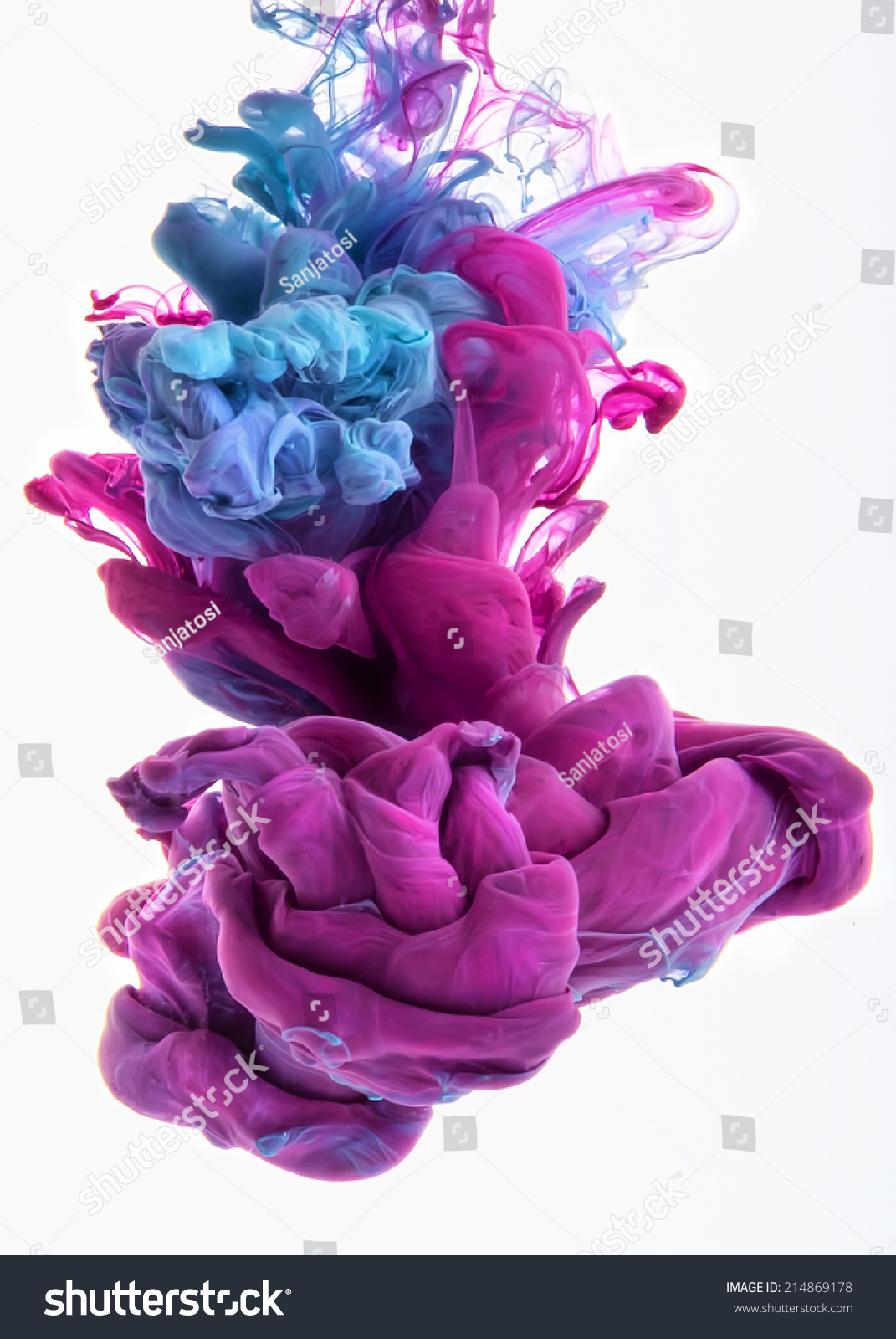 Colors dropped into liquid and photographed while in motion. Ink swirling in water. Cloud of silky ink in water isolated on white background. Colorful ink in water, an abstract banner.  #214869178
