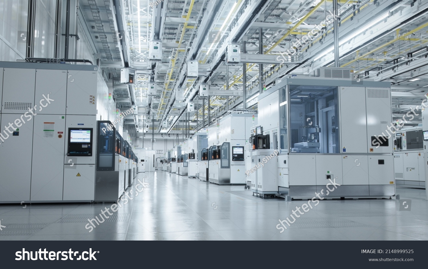 Dolly Shot Inside Bright Advanced Semiconductor Production Fab Cleanroom with Working Overhead Wafer Transfer System  #2148999525