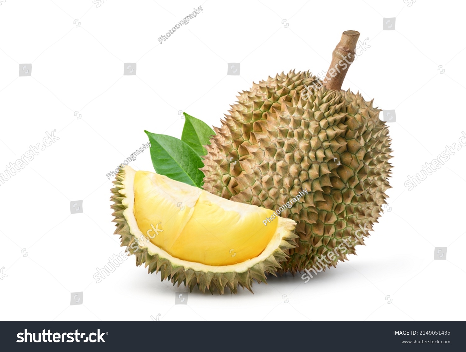 Durian fruit with slices isolated on white background. #2149051435