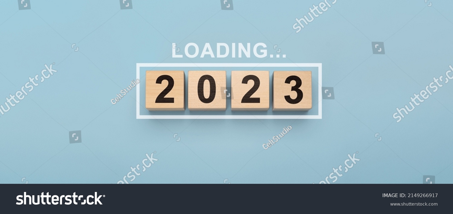 2023 New Year Loading. Loading bar with wooden blocks 2023 on blue background. Start new year 2023 with goal plan, goal concept, action plan, strategy, new year business vision. #2149266917