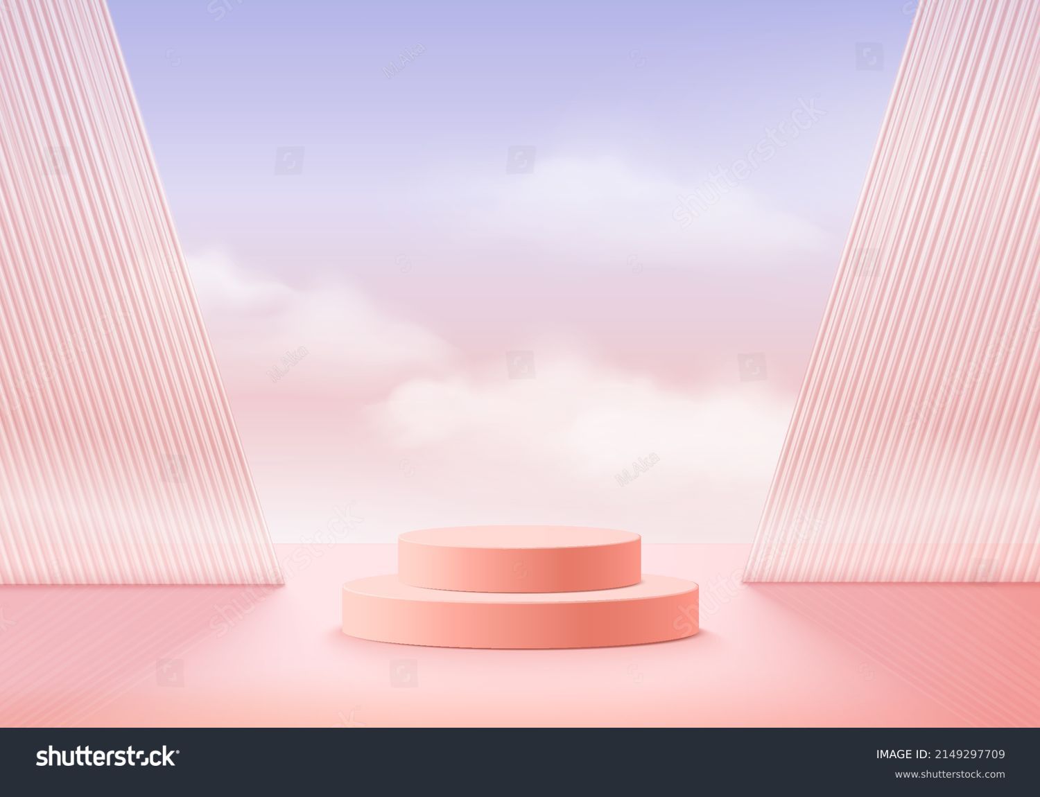 Background vector 3d pink rendering with podium and minimal cloud scene, minimal product display background 3d rendered geometric shape sky cloud pink pastel. Stage 3d render product in platform #2149297709
