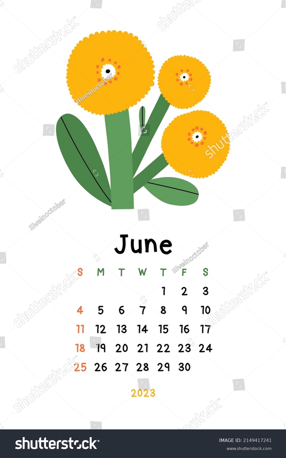 Beautiful Floral Calendar - June 2023. Botanical - Royalty Free Stock ...