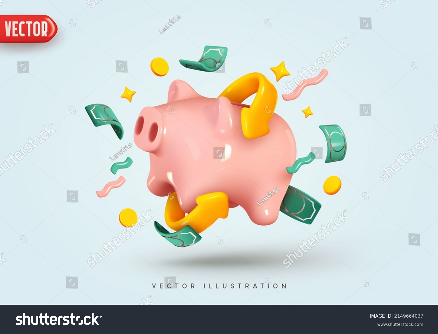 Piggy bank with Money creative business concept. Realistic 3d design. Pink pig keeps gold coins. Keep and accumulate cash savings. Safe finance investment. Financial services. vector illustration #2149664037
