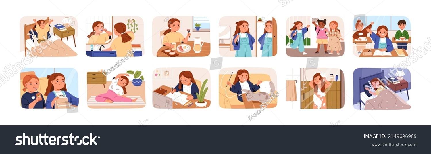 Kid daily routine. School girl life with everyday activities, waking up in morning, hygiene, eating, studying, sleeping in bed at night. Flat graphic vector illustrations isolated on white background #2149696909