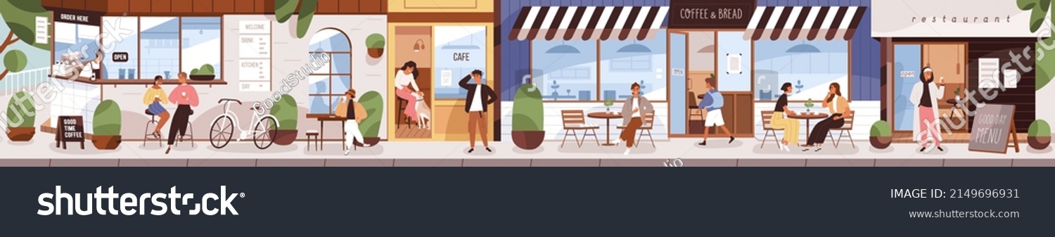 City street with people citizens eating in cafes, restaurants, coffee shops outside on terraces in downtown. Long urban panorama, cityscape with open cafeterias exteriors. Flat vector illustration #2149696931