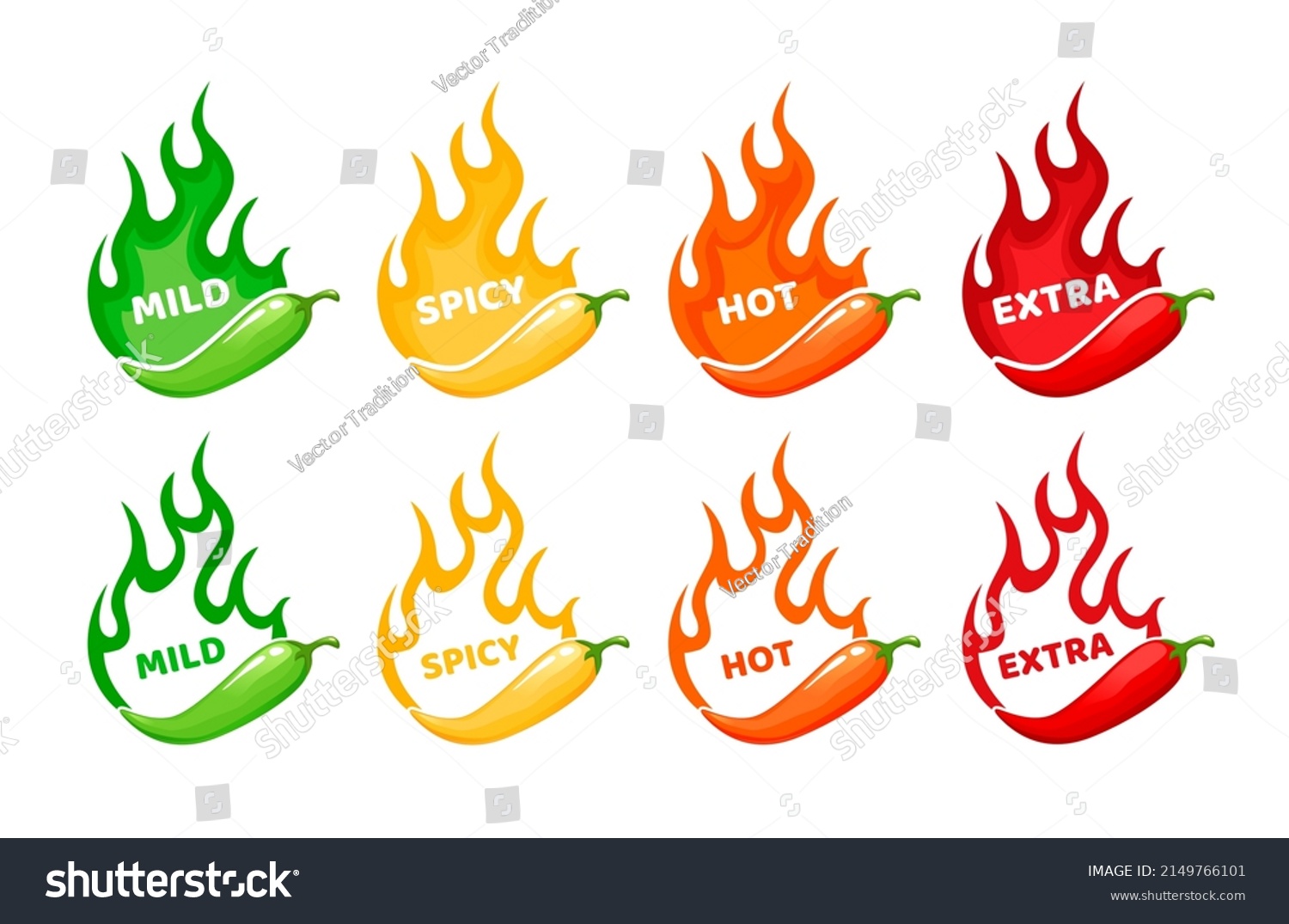 Hot spicy level labels, fire flames and red peppers symbols of mild, medium and extra hot, vector scale. Spicy food taste level icons with burning flame of chili pepper, jalapeno or Tabasco sauce #2149766101