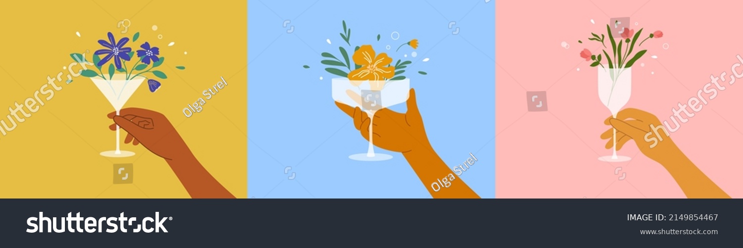 Vector illustrations set of man or woman hands holding champagne, wine or martini glass with blooming flowers. Hello spring abstract art. Cocktail, fresh juice, floral drink. Beach summer party poster #2149854467