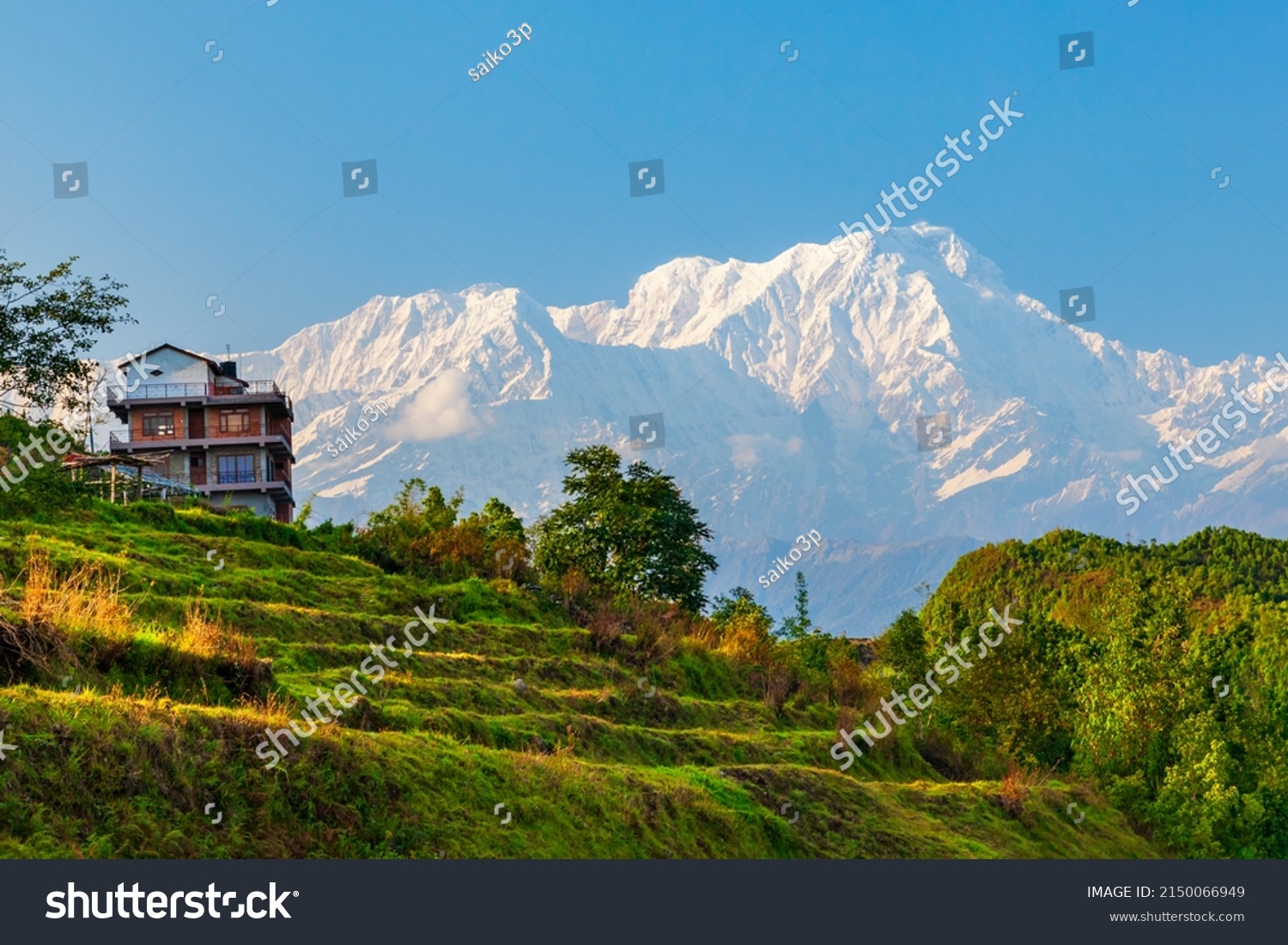 Local house and Annapurna massif view from Sarangkot hill viewpoint in Himalayas mountain range in Pokhara, Nepal #2150066949