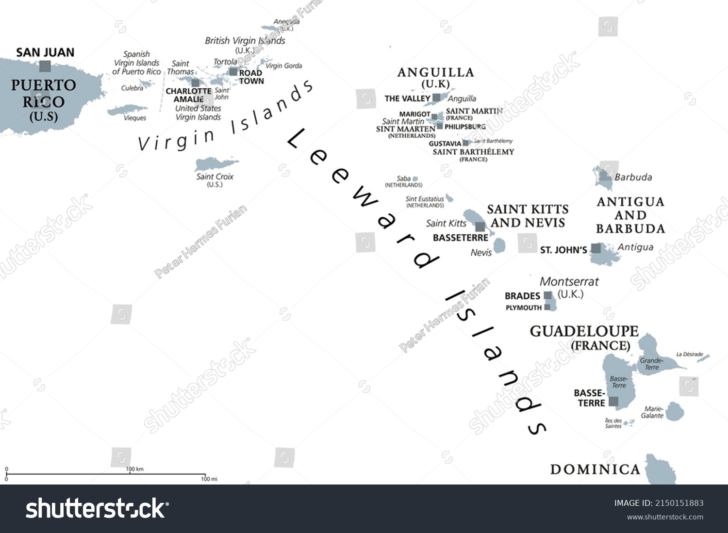 Leeward Islands, Gray Political Map. Part Of - Royalty Free Stock ...