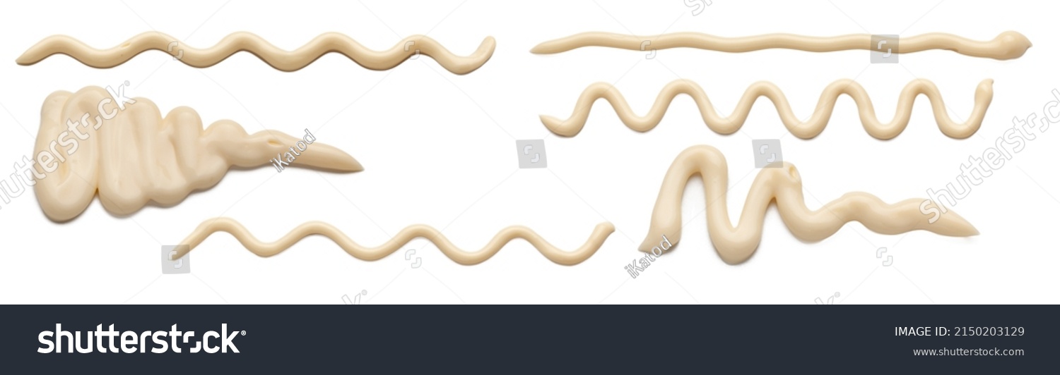 Mayonnaise sauce in the form of lines. Collection of wavy lines of mayonnaise sauce isolated on white background. #2150203129