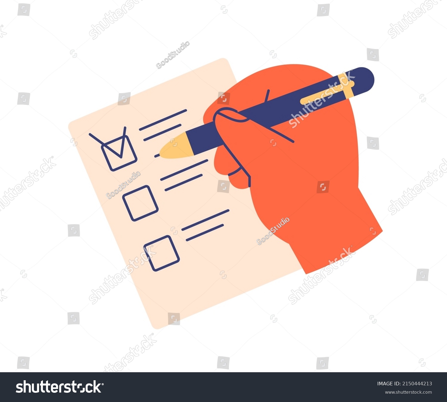 Hand with pen ticking done tasks with mark in check box of to do list. Filling form with checkboxes, choosing answer on sheet of paper, document. Flat vector illustration isolated on white background #2150444213