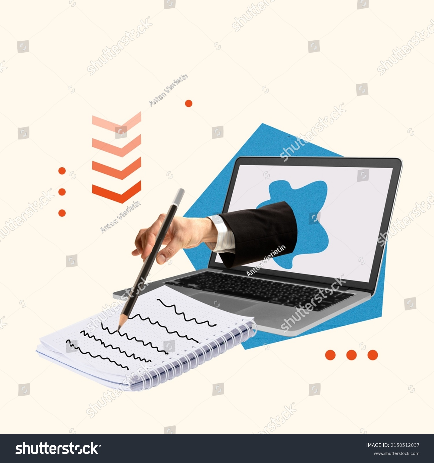 Contemporary art collage. Hand sticking out laptop and writing down business notes. Online negotiations and meetings. Worldwide cooperation. Concept of communication, strategy, success #2150512037